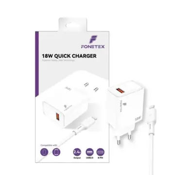 FoneTex 18W Quick Charger With USB To 8 Pin Cable – FT-C218